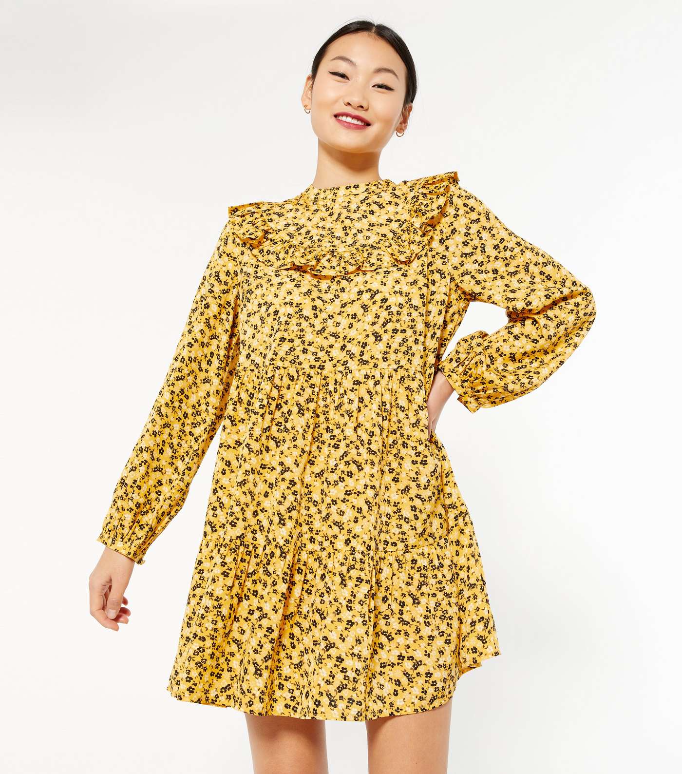 Petite Yellow Ditsy Floral Frill Smock Dress