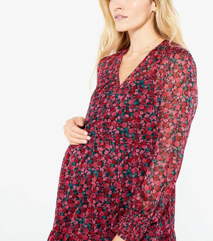 Maternity Red Floral Tiered Midi Smock Dress