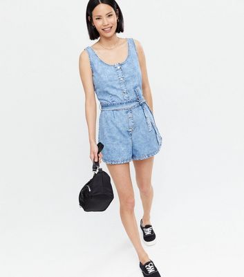 Tall Black Denim Button Front Belted Utility Playsuit | New Look
