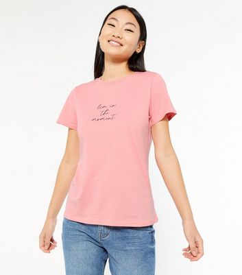Petite Bright Pink Live In The Moment Logo T-Shirt | New Look