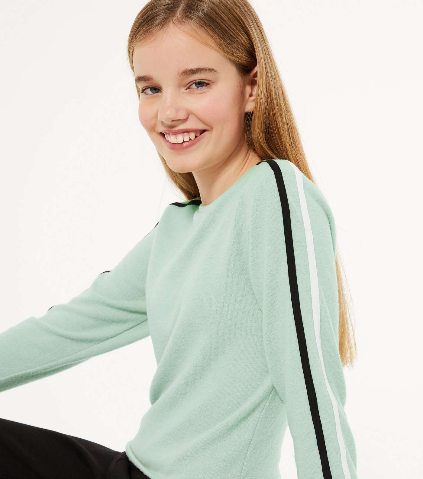 Girls Light Green Stripe Sleeve Fine Knit Jumper Image 2