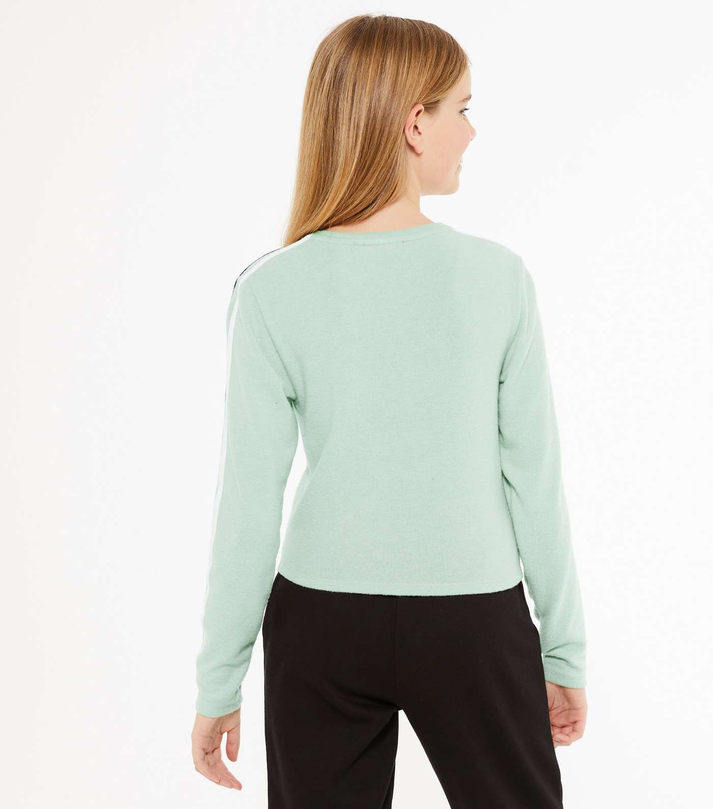 Girls Light Green Stripe Sleeve Fine Knit Jumper Image 4