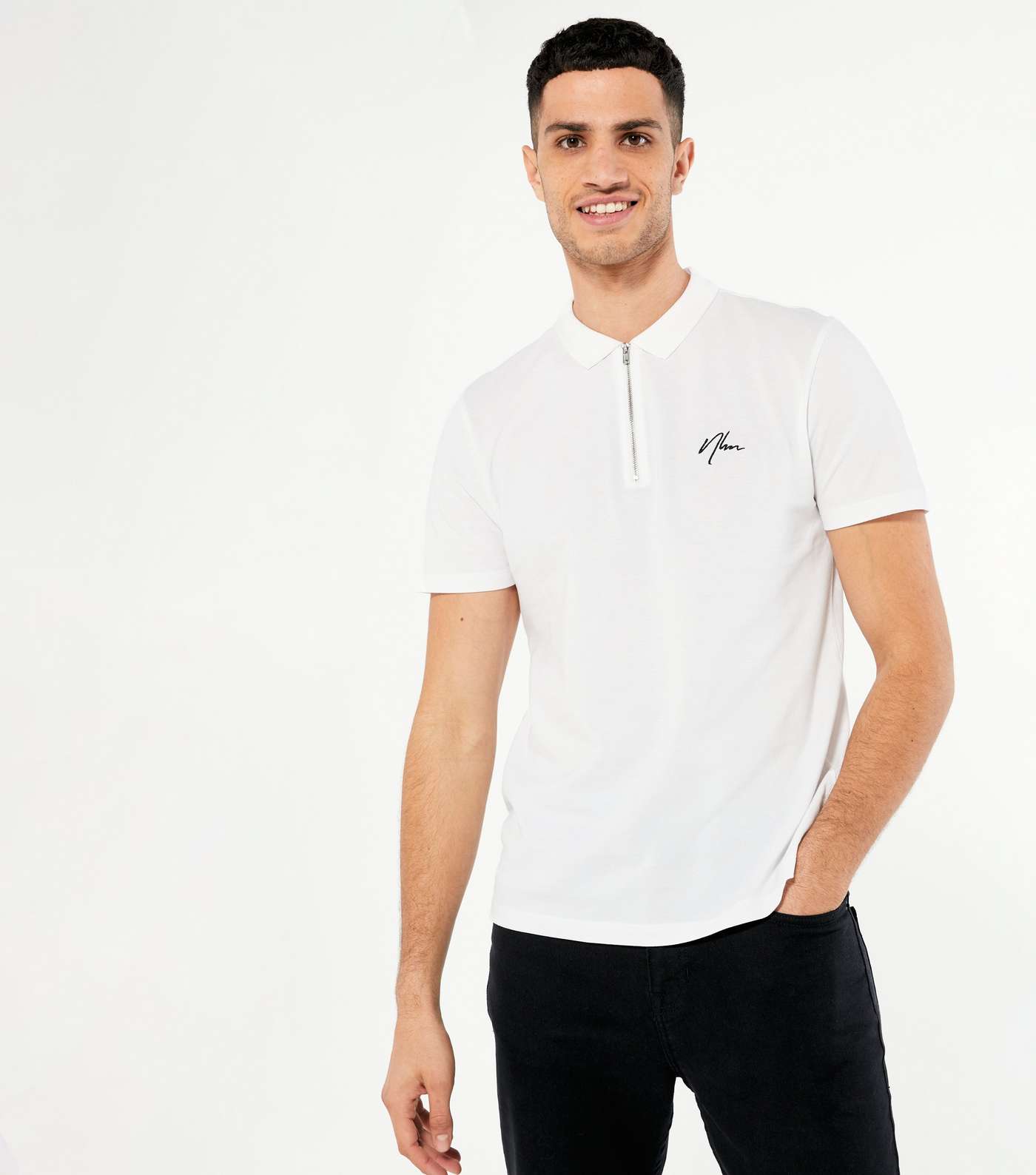 White NLM Embroidered Zip Polo Shirt