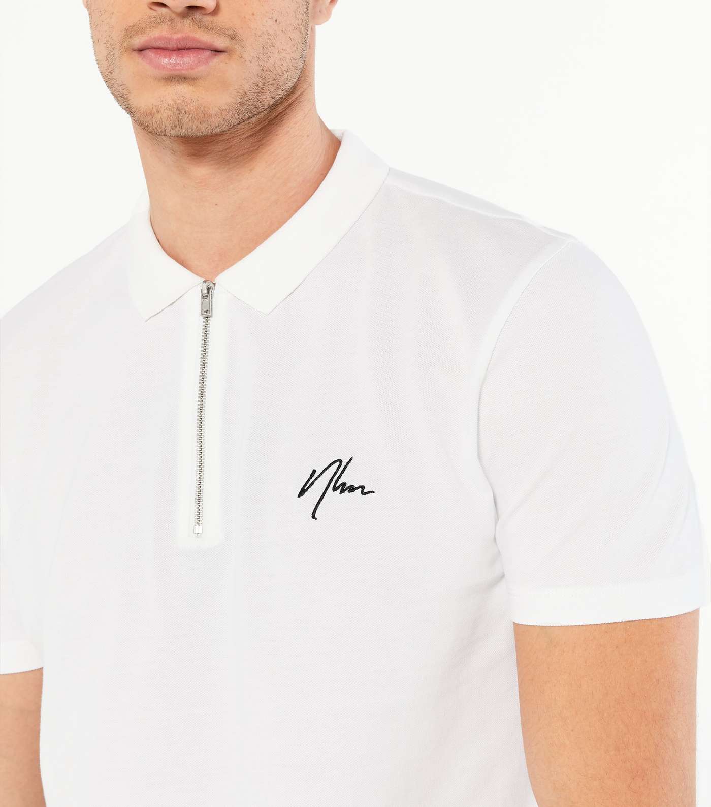 White NLM Embroidered Zip Polo Shirt Image 3