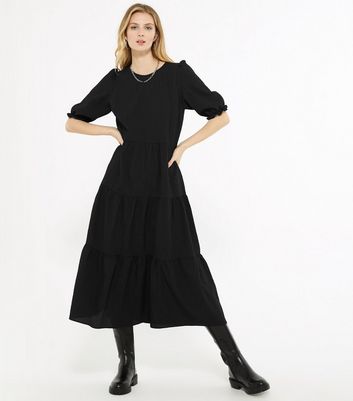 Tall Black Textured Puff Sleeve Midi Dress | New Look