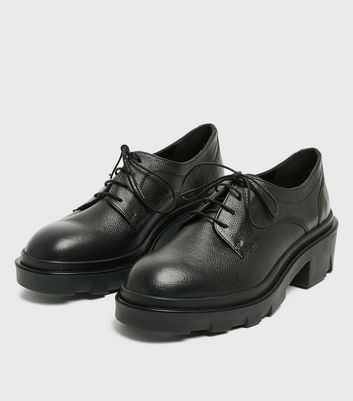Black Leather Chunky Lace Up Shoes | New Look