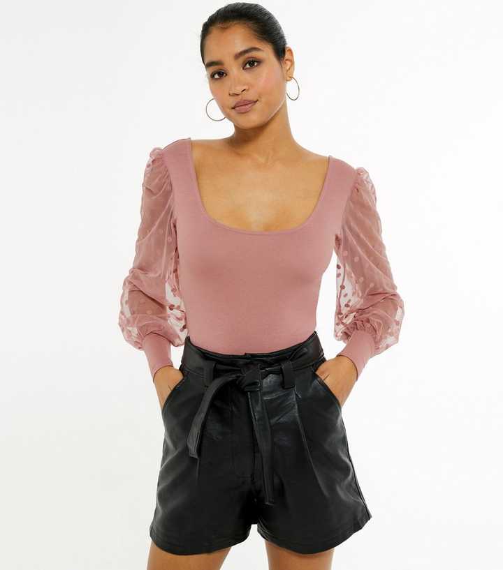 Ruched Mesh Puff Sleeve Bodysuit