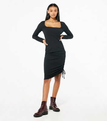 square neck ruched midi dress