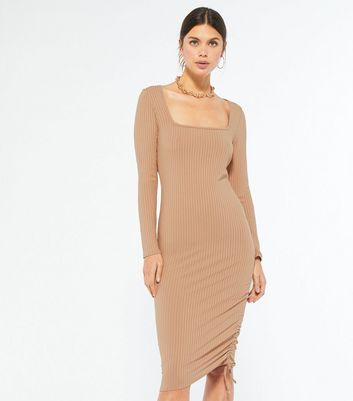 square neck ruched midi dress