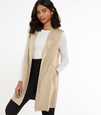 Camel Suedette Sleeveless Duster Jacket New Look