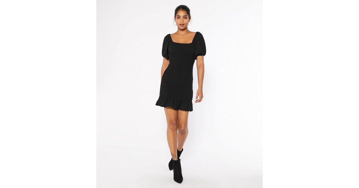 Black Shirred Bardot Mini Dress | New Look