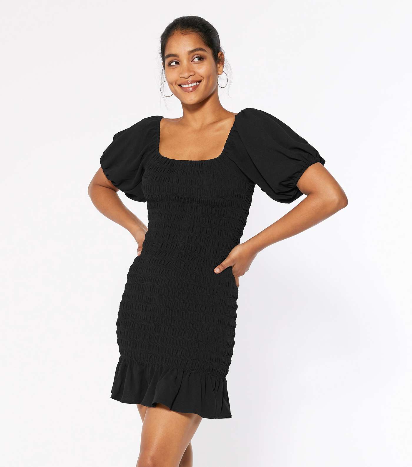 Black Shirred Bardot Mini Dress Image 2