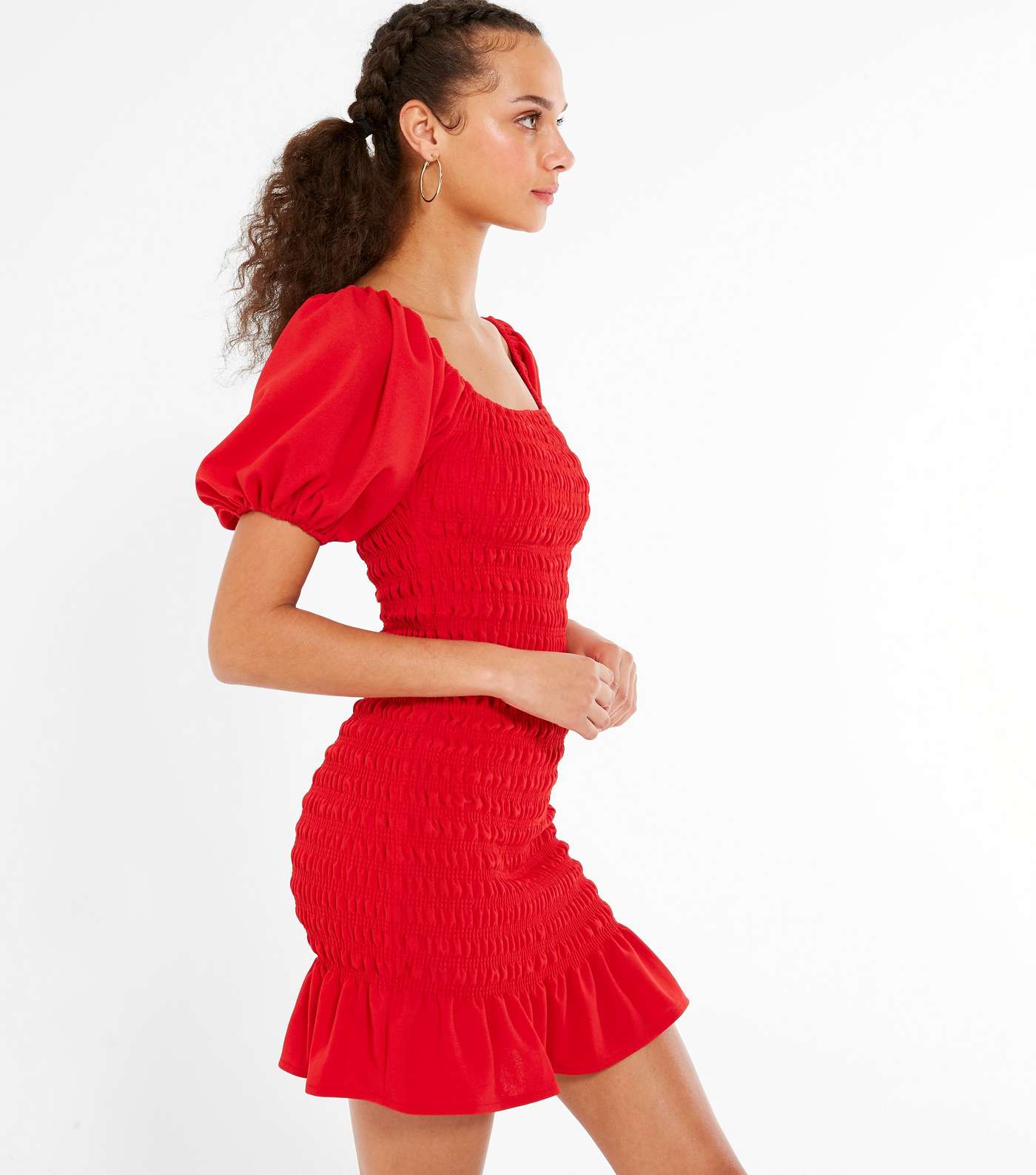 Red Shirred Bardot Mini Dress