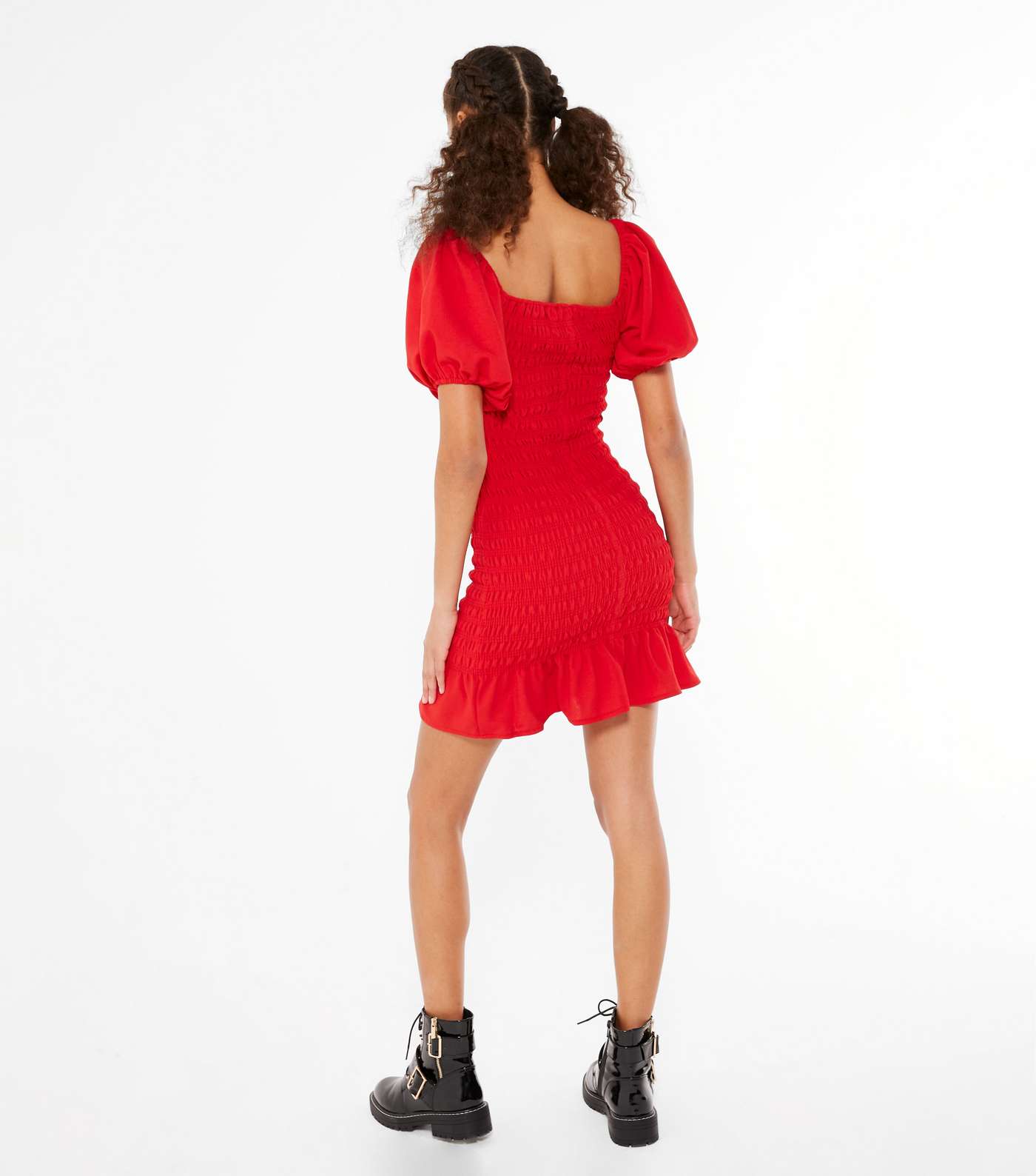 Red Shirred Bardot Mini Dress Image 3