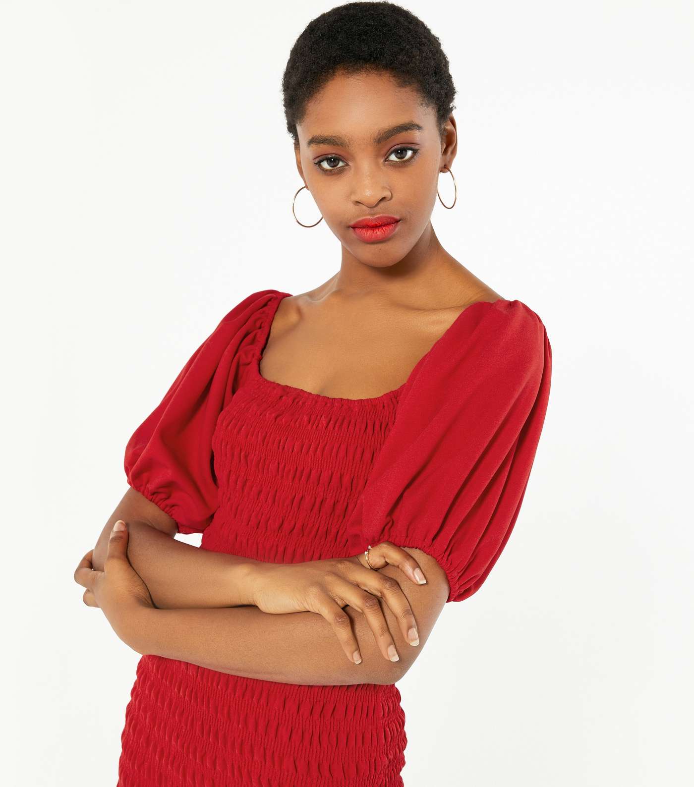 Red Shirred Puff Sleeve Midi Dress Image 4