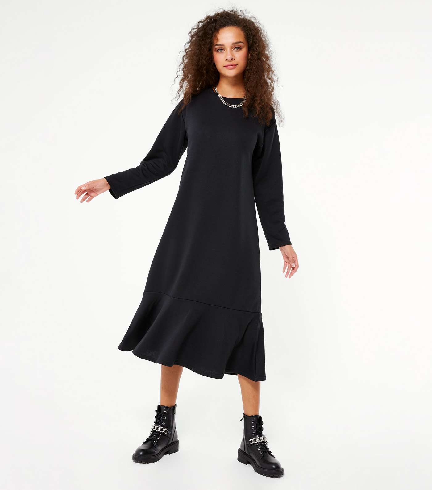 Black Ruffle Midi Sweatshirt Dress 
