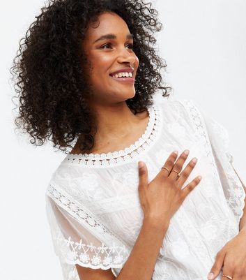 White Floral Embroidered Mesh Sleeve Blouse New Look