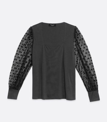 Image of Curves Black Spot Mesh Long Puff Sleeve Top New Look