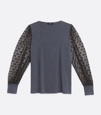 Image of Curves Grey Spot Mesh Long Puff Sleeve Top New Look
