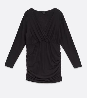 Image of Curves Black Ruched Wrap Mini Dress New Look