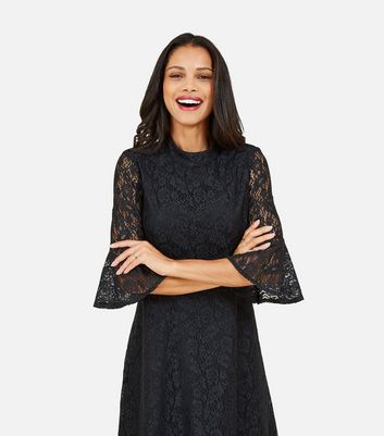 Mela Black Lace Bell Sleeve High Neck 
