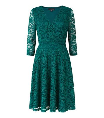 Image of Mela Dark Green Lace V Neck Wrap Dress New Look