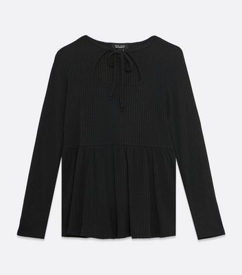 Image of Maternity Black Tie Cut Out Ribbed Peplum Top New Look