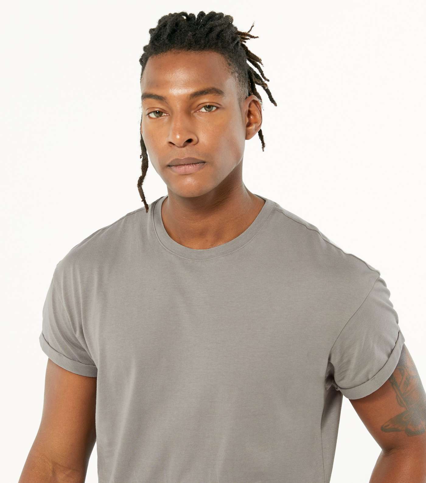 Pale Grey Roll Sleeve Crew Neck T-Shirt Image 3