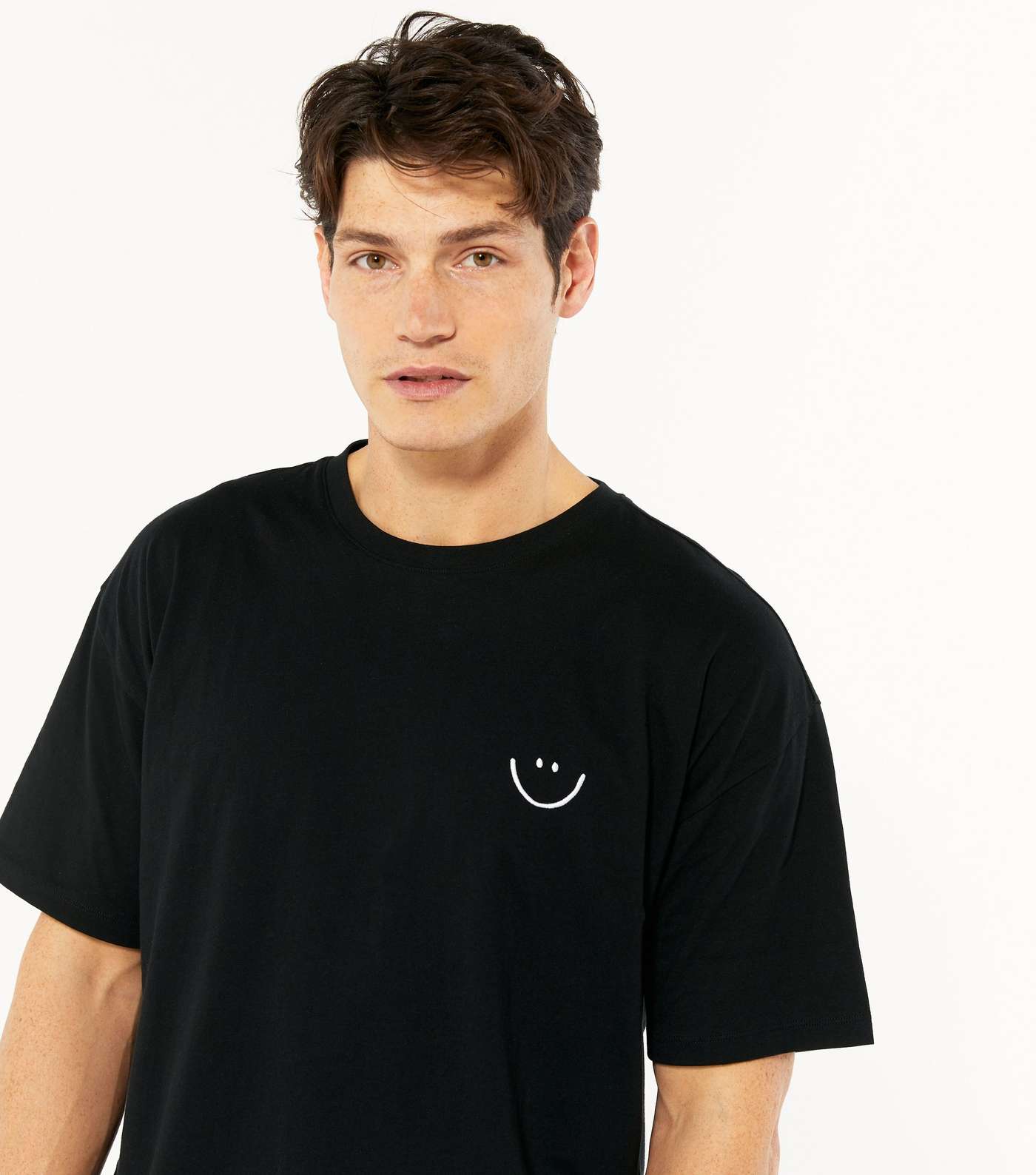 Black Happy Embroidered Oversized T-Shirt Image 3