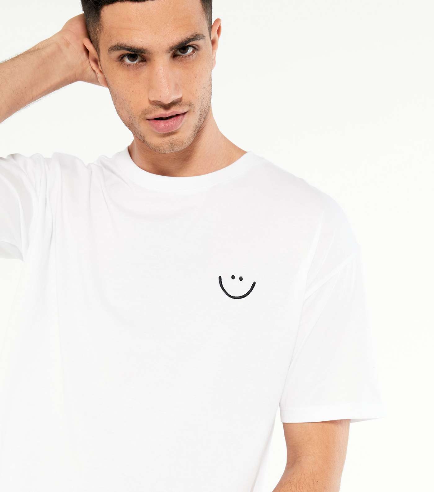 White Happy Embroidered Oversized T-Shirt Image 3