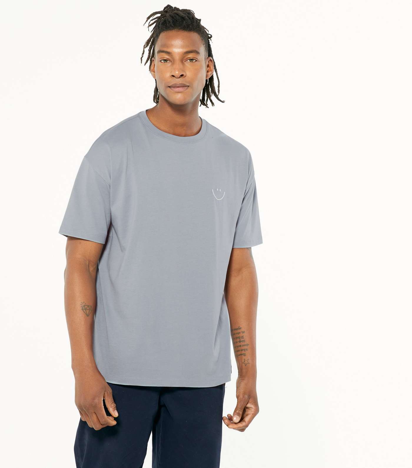 Blue Happy Face Embroidered Oversized T-Shirt