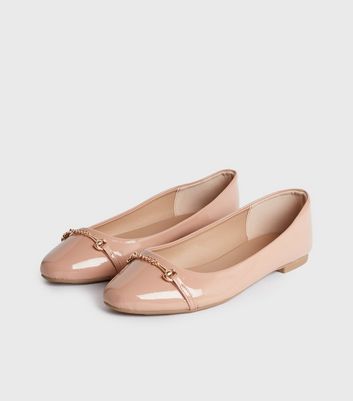 Image of Wide Fit Pink Patent Bar Chain Ballet Pumps New Look