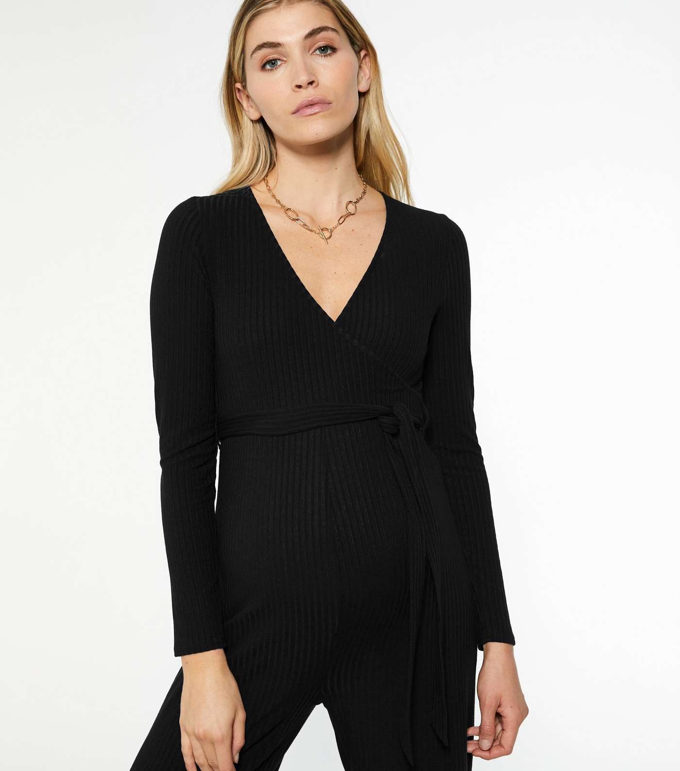 Maternity Black Ribbed Wrap Belted Jumpsuit Image 2
