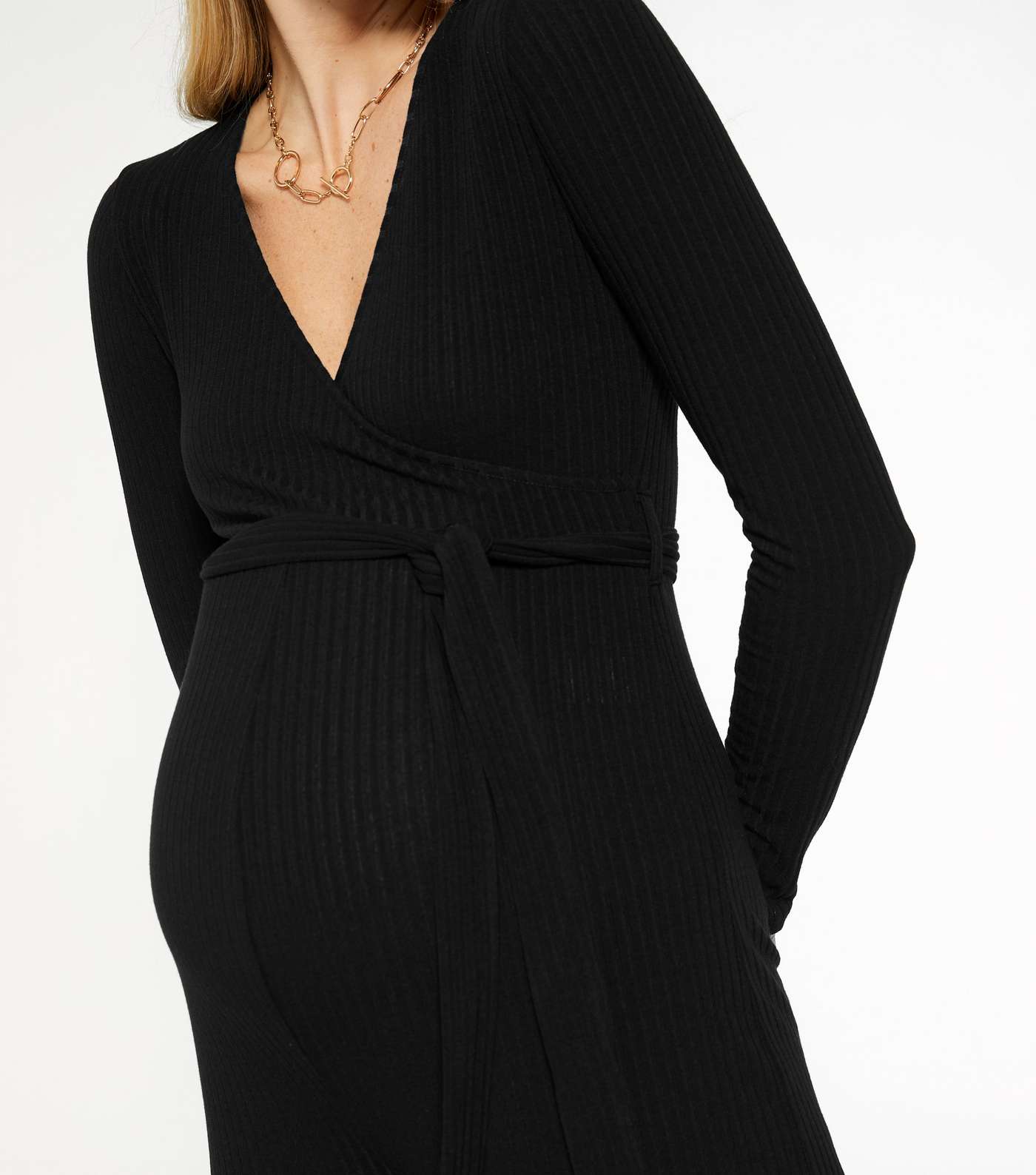Maternity Black Ribbed Wrap Belted Jumpsuit Image 4