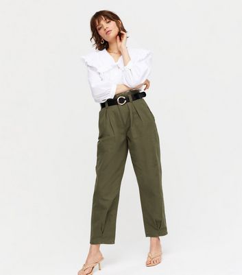 khaki denim belted trousers