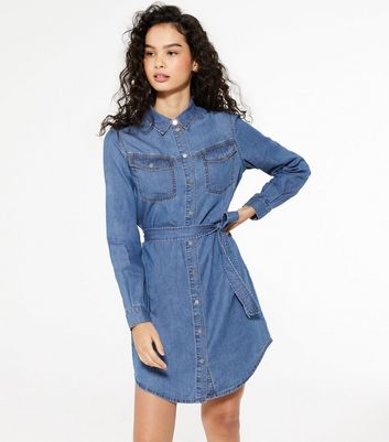 Mid Wash Denim Long Sleeve Shirt Dress 