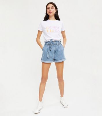 Blue Denim High Tie Waist Shorts New Look