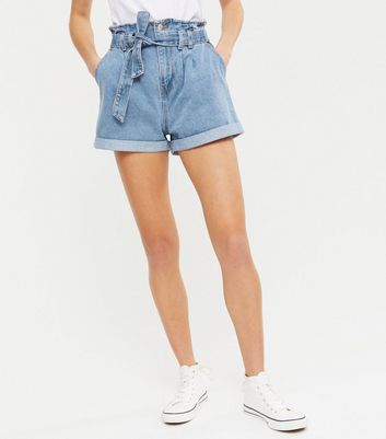 Blue Denim High Tie Waist Shorts | New Look