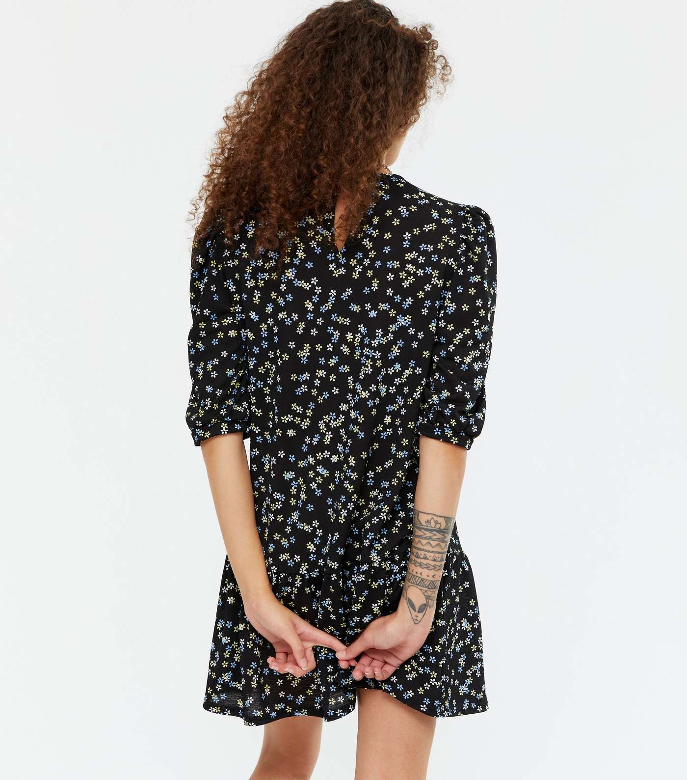 Petite Black Floral Frill Mini Dress Image 3