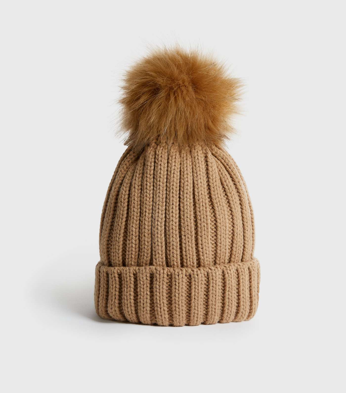 Girls Camel Knit Faux Fur Bobble Hat