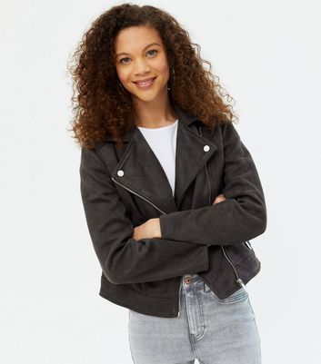 Petite Dark Grey Suedette Biker Jacket New Look