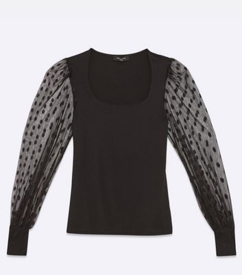 Image of Tall Black Spot Mesh Long Puff Sleeve Top New Look