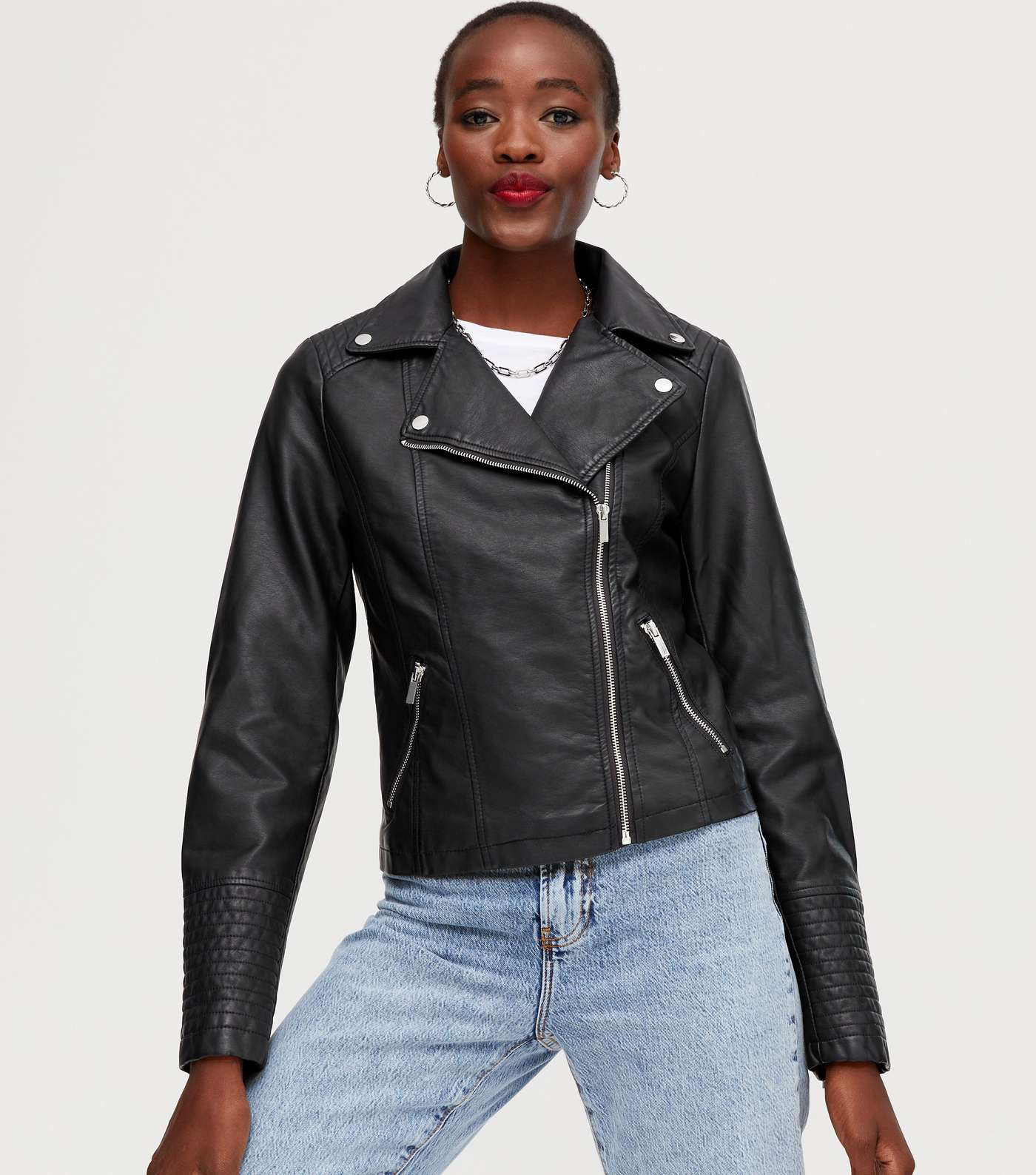 Tall Black Leather-Look Zip Biker Jacket