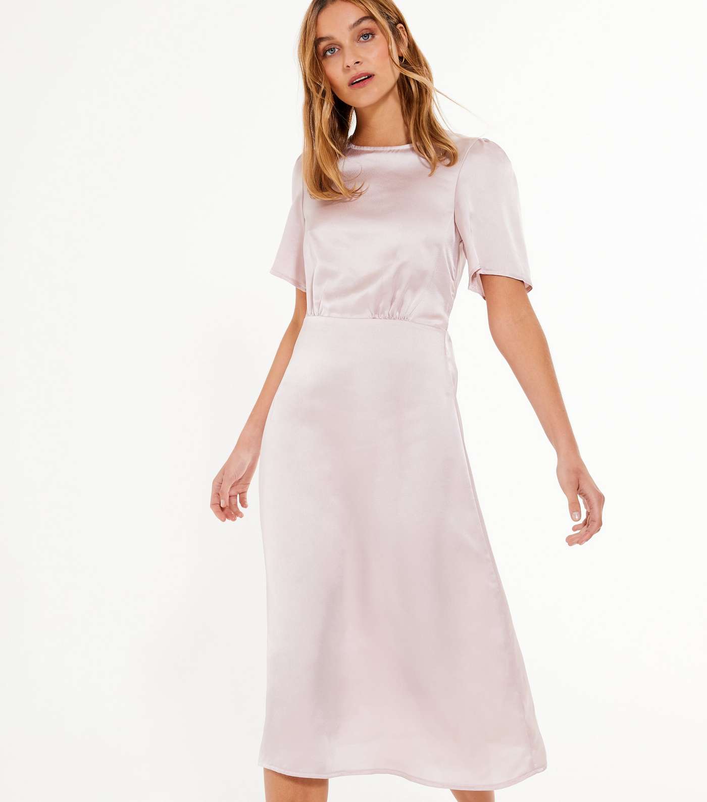 Pale Pink Satin Short Sleeve Midi Dress