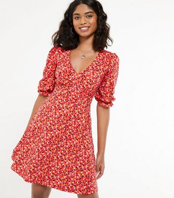 Red Ditsy Floral Puff Sleeve Mini Dress New Look