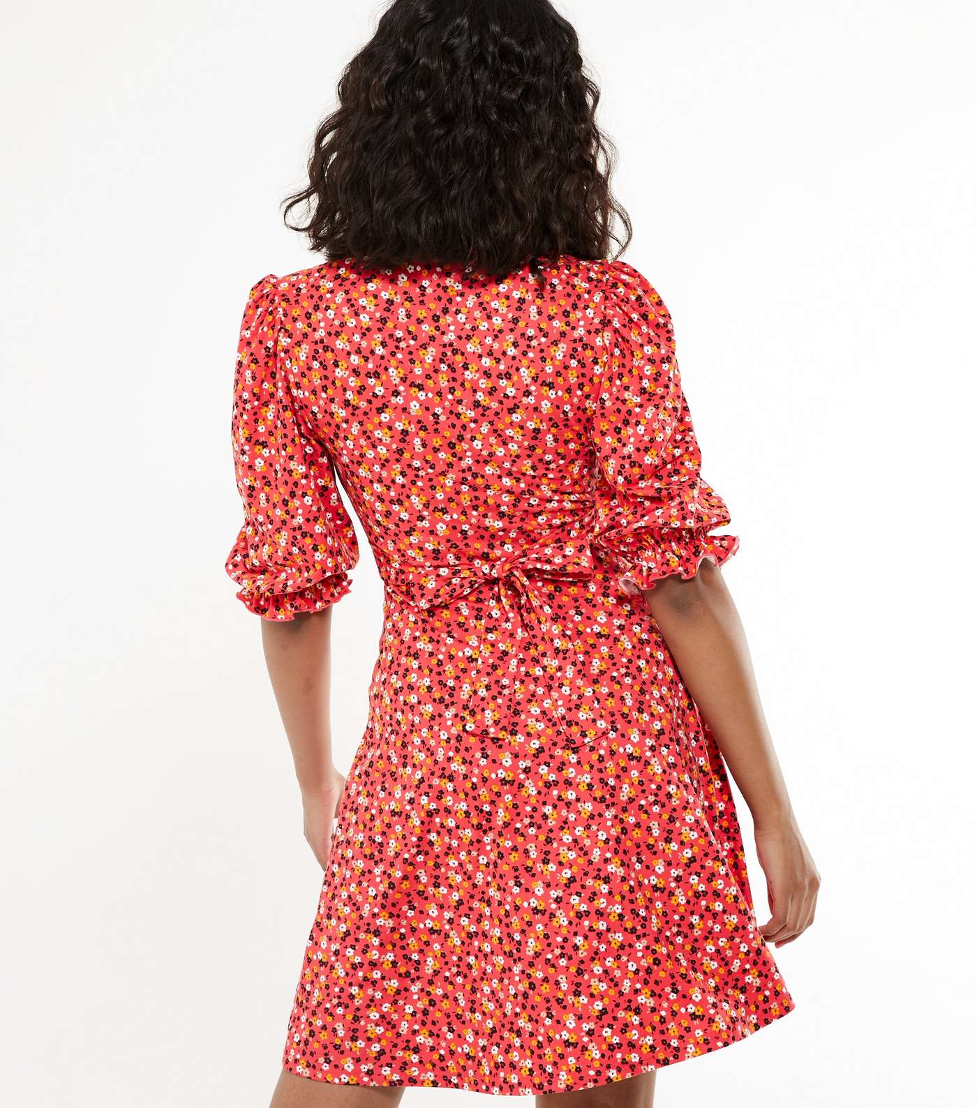 Red Ditsy Floral Puff Sleeve Mini Dress Image 3