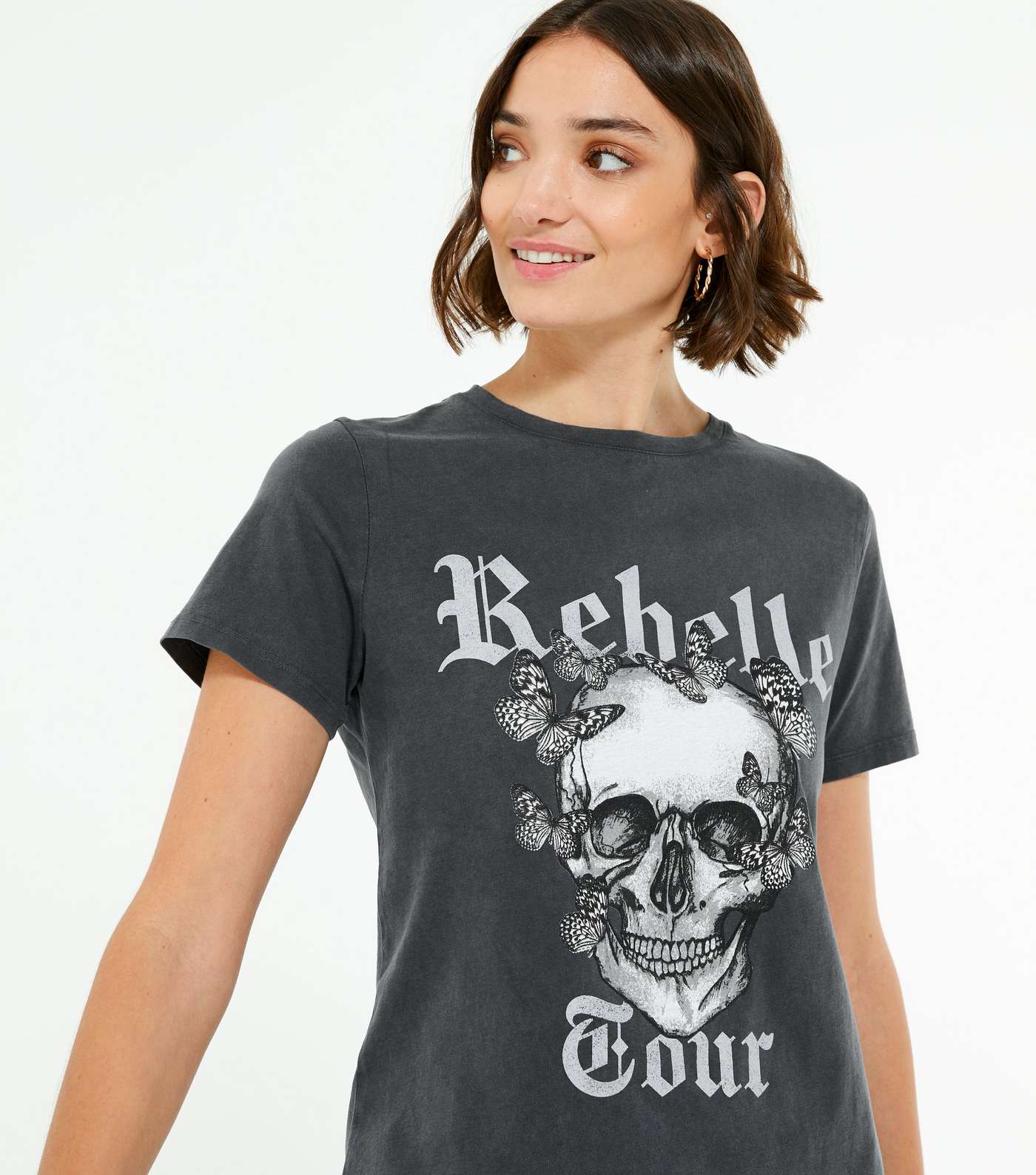 Dark Grey Acid Wash Butterfly Skull Slogan T-Shirt  Image 4
