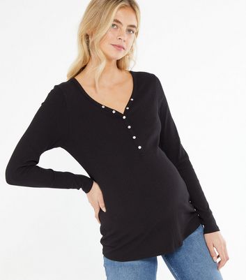 Maternity Black Popper Long Sleeve Top 