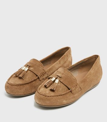 Wide Fit Tan Suede Tassel Trim Loafers 