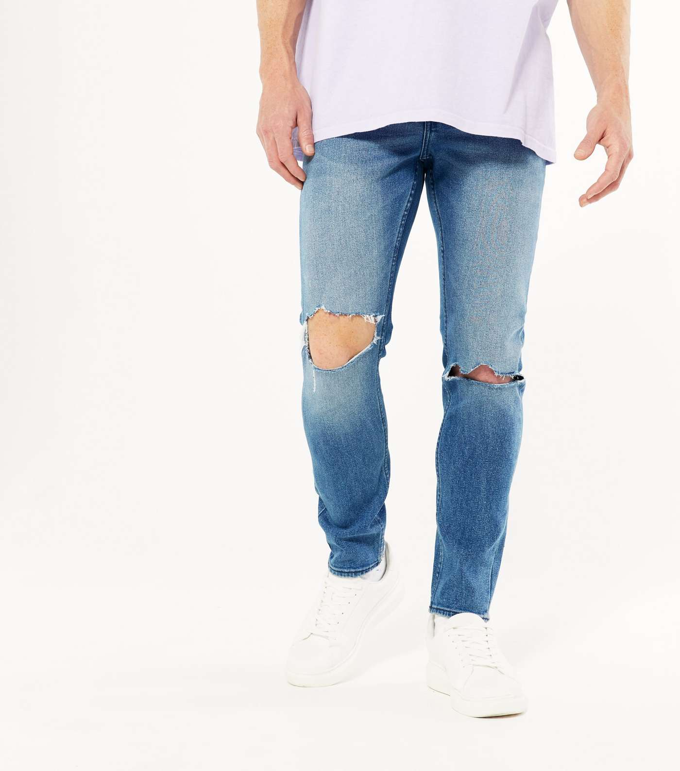 Blue Mid Wash Ripped Knee Skinny Stretch Jeans Image 2